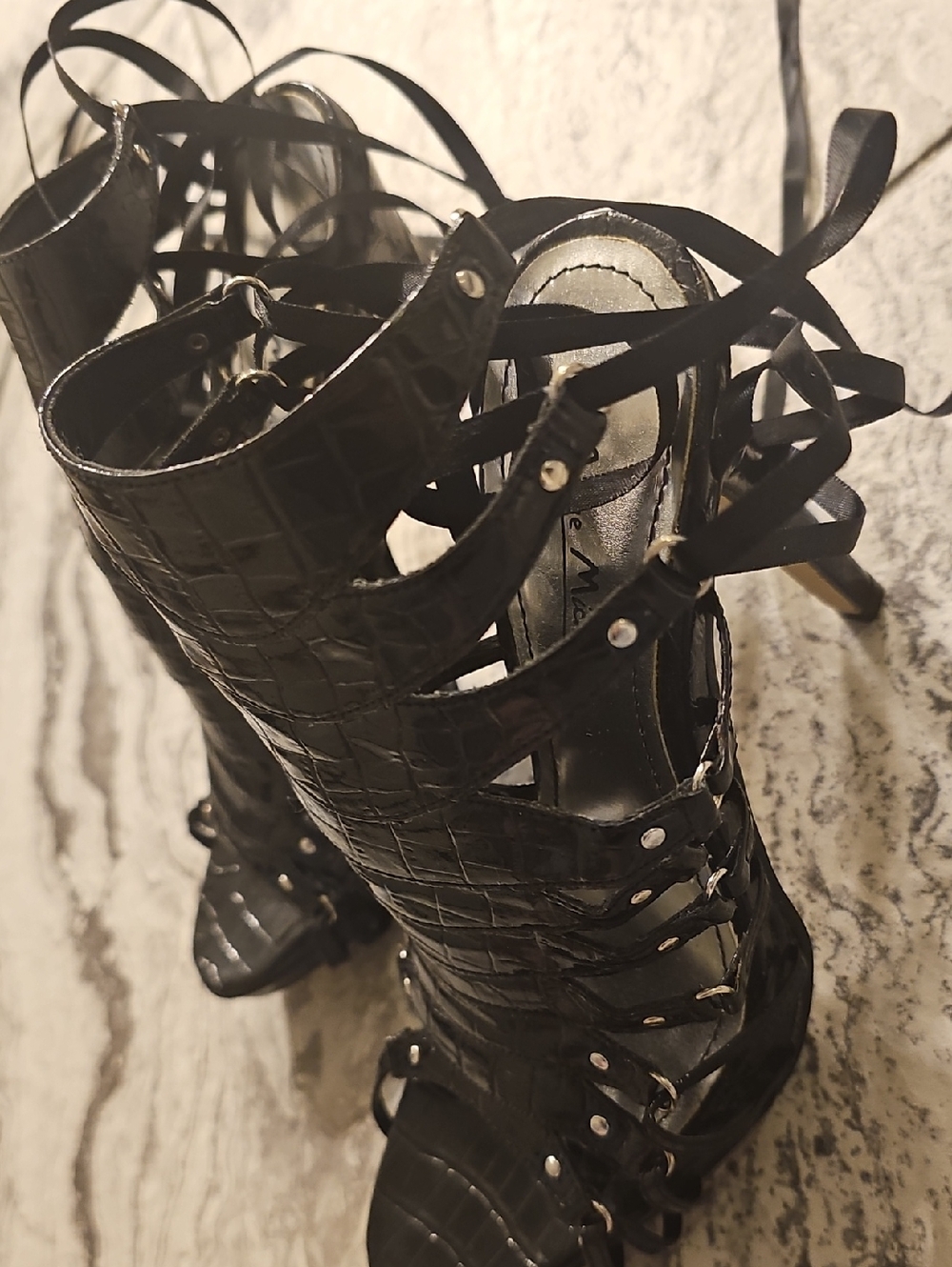 *NWOT* Anne Michelle Black Croc-Embossed Lace-Up Gladiator Heels